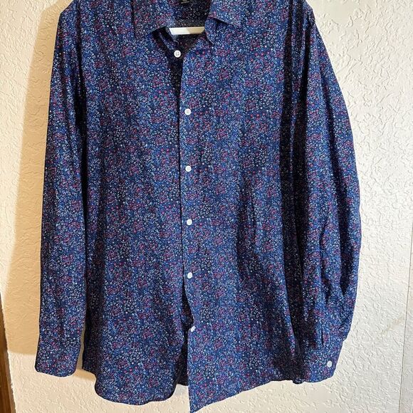 Banana‎ Republic Slim Non-Iron Blue Pink Mini Florals  Men's Long Sleeve Shirt L - Picture 2 of 7